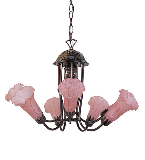 Meyda Lighting Pond Lily 24" 7-Light Mahogany Bronze Chandelier With Pink Shade Glass