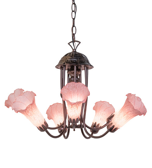 Meyda Lighting Pond Lily 24" 7-Light Mahogany Bronze Chandelier With Pink Shade Glass