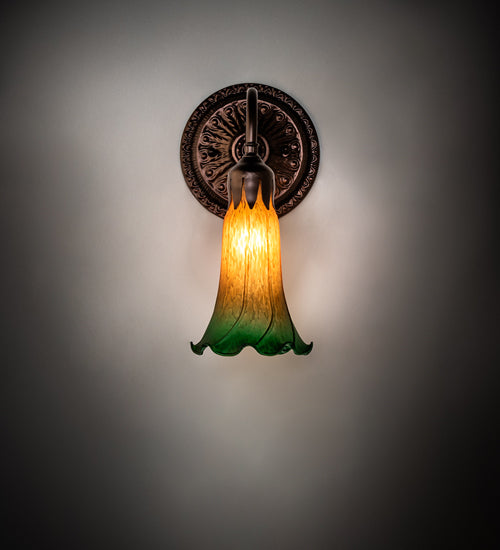 Meyda Lighting Pond Lily 5" Mahogany Bronze Victorian Wall Sconce With Amber & Green Shade Glass