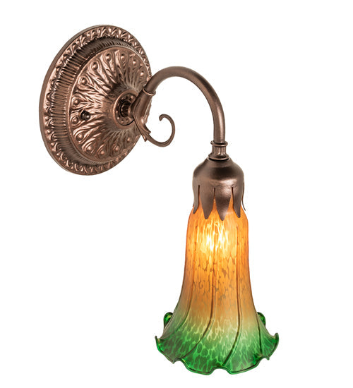 Meyda Lighting Pond Lily 5" Mahogany Bronze Victorian Wall Sconce With Amber & Green Shade Glass