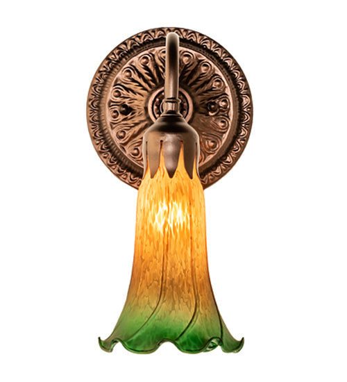 Meyda Lighting Pond Lily 5" Mahogany Bronze Victorian Wall Sconce With Amber & Green Shade Glass