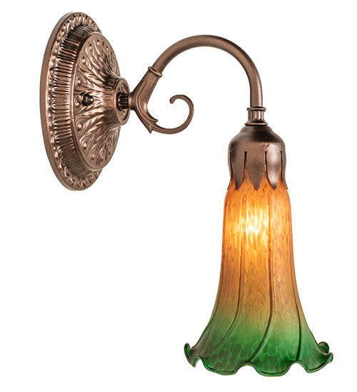 Meyda Lighting Pond Lily 5" Mahogany Bronze Victorian Wall Sconce With Amber & Green Shade Glass