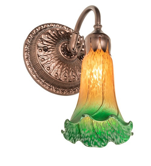 Meyda Lighting Pond Lily 5" Mahogany Bronze Victorian Wall Sconce With Amber & Green Shade Glass