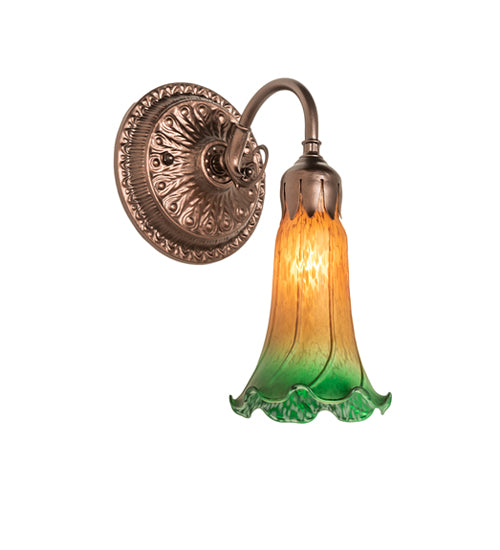 Meyda Lighting Pond Lily 5" Mahogany Bronze Victorian Wall Sconce With Amber & Green Shade Glass