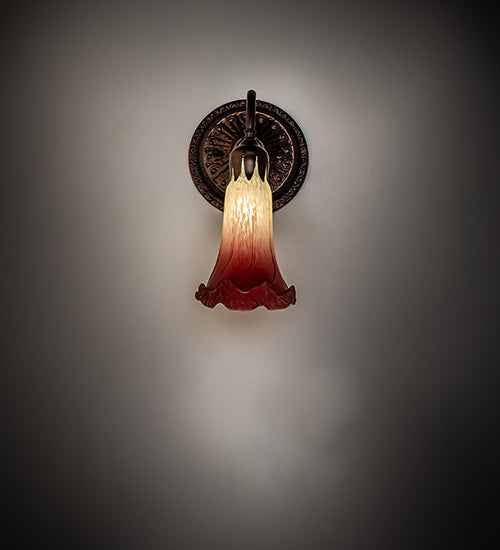 Meyda Lighting Pond Lily 5" Mahogany Bronze Victorian Wall Sconce With Red & Green Shade Glass