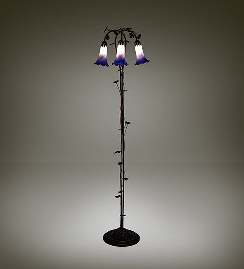 Meyda Lighting Pond Lily 58" 3-Light Mahogany Bronze Floor Lamp With Blue & White Shade Glass