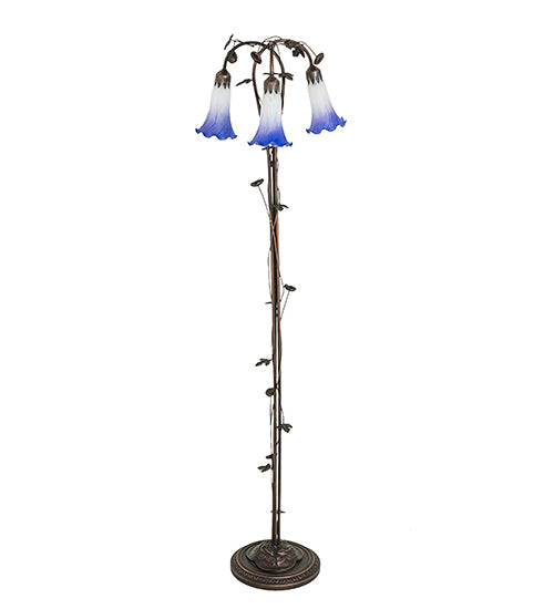 Meyda Lighting Pond Lily 58" 3-Light Mahogany Bronze Floor Lamp With Blue & White Shade Glass