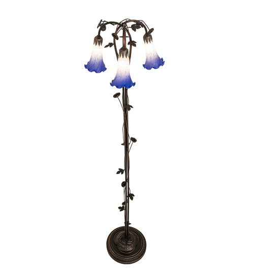 Meyda Lighting Pond Lily 58" 3-Light Mahogany Bronze Floor Lamp With Blue & White Shade Glass