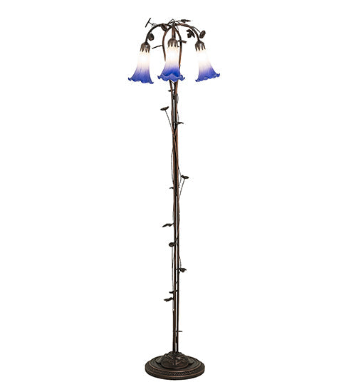 Meyda Lighting Pond Lily 58" 3-Light Mahogany Bronze Floor Lamp With Blue & White Shade Glass