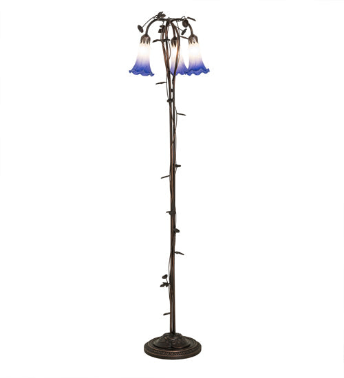 Meyda Lighting Pond Lily 58" 3-Light Mahogany Bronze Floor Lamp With Blue & White Shade Glass