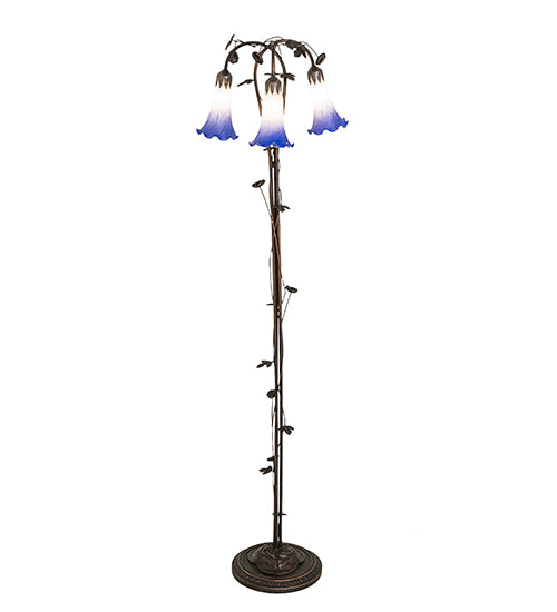 Meyda Lighting Pond Lily 58" 3-Light Mahogany Bronze Floor Lamp With Blue & White Shade Glass