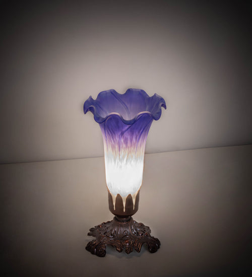 Meyda Lighting Pond Lily 8" Mahogany Bronze Victorian Mini Table Lamp With Blue & White Shade Glass