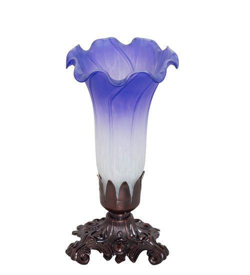 Meyda Lighting Pond Lily 8" Mahogany Bronze Victorian Mini Table Lamp With Blue & White Shade Glass