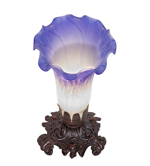 Meyda Lighting Pond Lily 8" Mahogany Bronze Victorian Mini Table Lamp With Blue & White Shade Glass