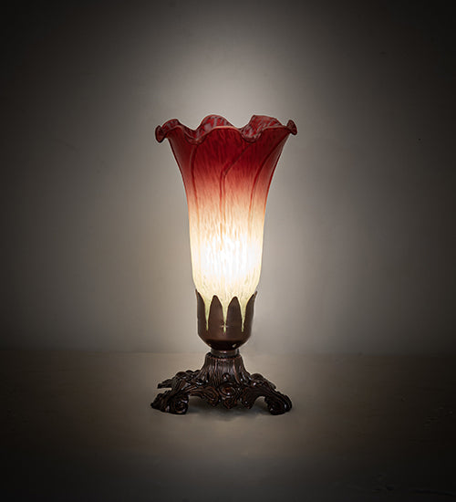 Meyda Lighting Pond Lily 8" Mahogany Bronze Victorian Mini Table Lamp With Cranberry & Light Green Shade Glass