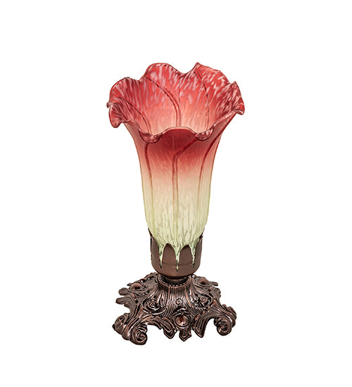 Meyda Lighting Pond Lily 8" Mahogany Bronze Victorian Mini Table Lamp With Cranberry & Light Green Shade Glass
