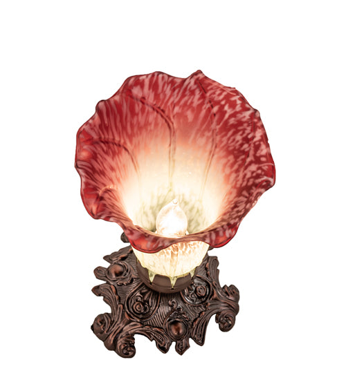 Meyda Lighting Pond Lily 8" Mahogany Bronze Victorian Mini Table Lamp With Cranberry & Light Green Shade Glass
