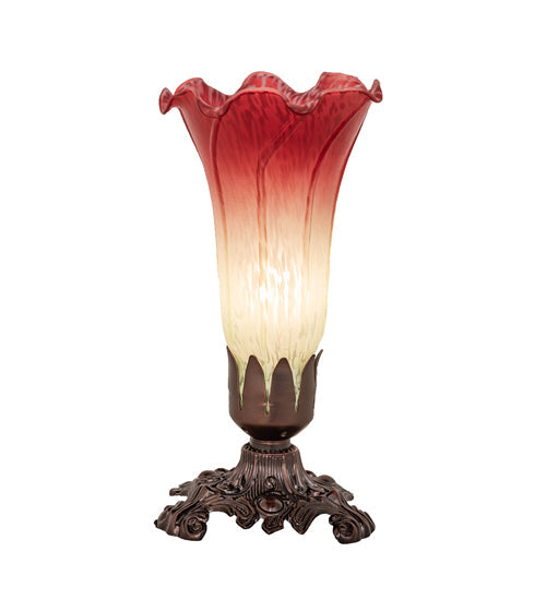 Meyda Lighting Pond Lily 8" Mahogany Bronze Victorian Mini Table Lamp With Cranberry & Light Green Shade Glass