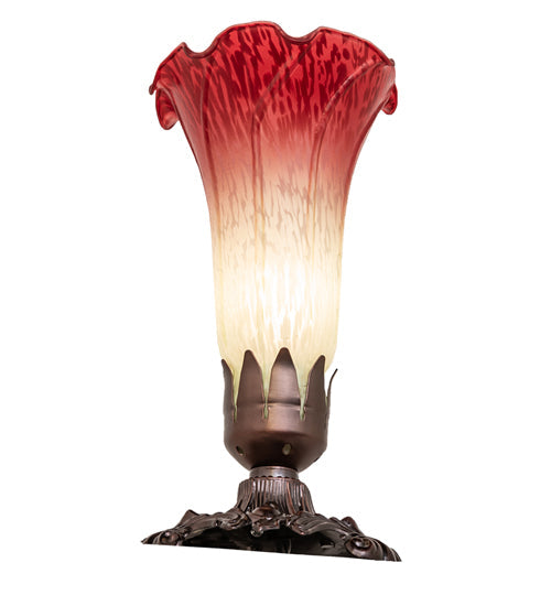 Meyda Lighting Pond Lily 8" Mahogany Bronze Victorian Mini Table Lamp With Cranberry & Light Green Shade Glass