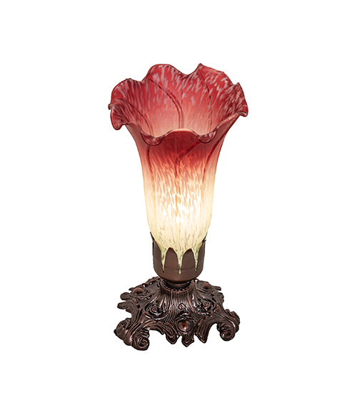 Meyda Lighting Pond Lily 8" Mahogany Bronze Victorian Mini Table Lamp With Cranberry & Light Green Shade Glass