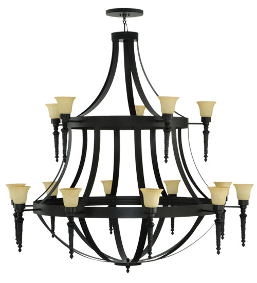 Meyda Lighting Pontoise 72" 15-Light 2-Tier Blackwash Chandelier With Beige Scavo Shade Glass