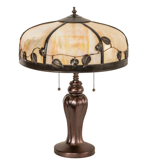 Meyda Lighting Poplar Leaf 24" 2-Light Mahogany Bronze Table Lamp With Beige Iridescent Shade Glass