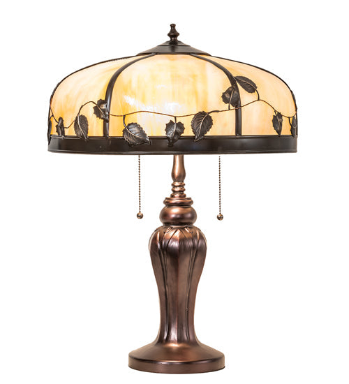 Meyda Lighting Poplar Leaf 24" 2-Light Mahogany Bronze Table Lamp With Beige Iridescent Shade Glass