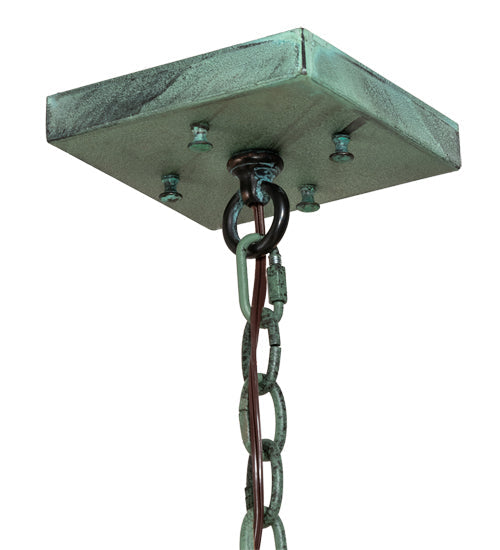 Meyda Lighting Porte Cochere 18"Sq 4-Light Verdigris Pendant Light With Beige Light Shade Glass