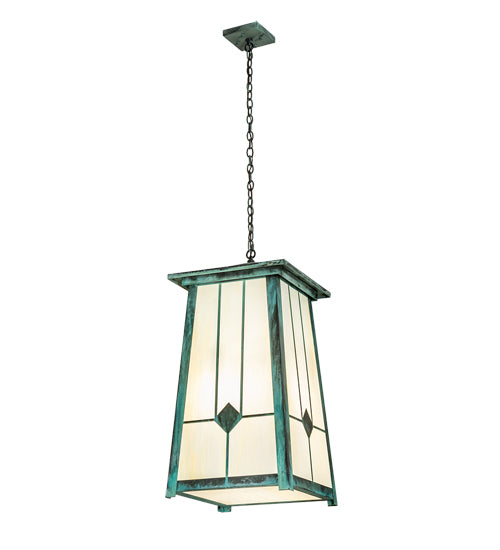 Meyda Lighting Porte Cochere 18"Sq 4-Light Verdigris Pendant Light With Beige Light Shade Glass