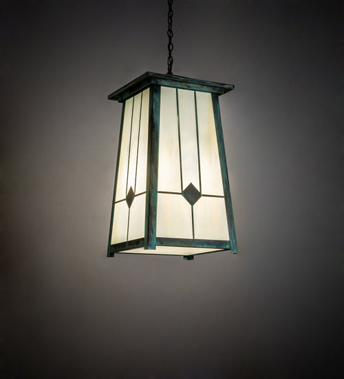 Meyda Lighting Porte Cochere 18"Sq 4-Light Verdigris Pendant Light With Beige Light Shade Glass