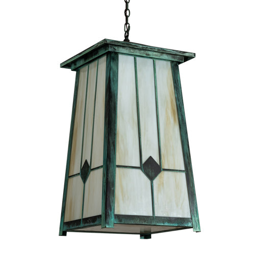 Meyda Lighting Porte Cochere 18"Sq 4-Light Verdigris Pendant Light With Beige Light Shade Glass