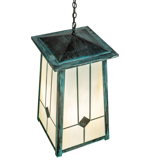 Meyda Lighting Porte Cochere 18"Sq 4-Light Verdigris Pendant Light With Beige Light Shade Glass