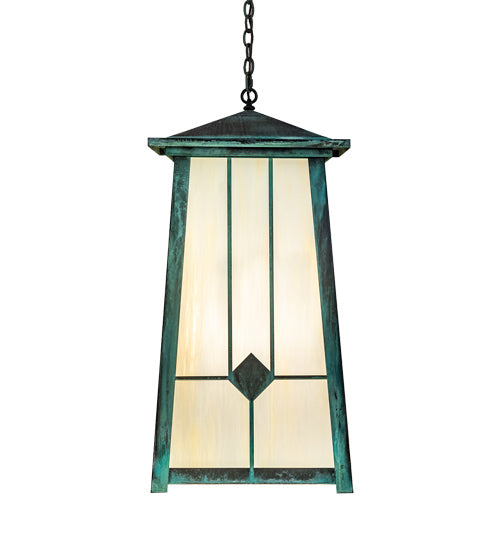 Meyda Lighting Porte Cochere 18"Sq 4-Light Verdigris Pendant Light With Beige Light Shade Glass