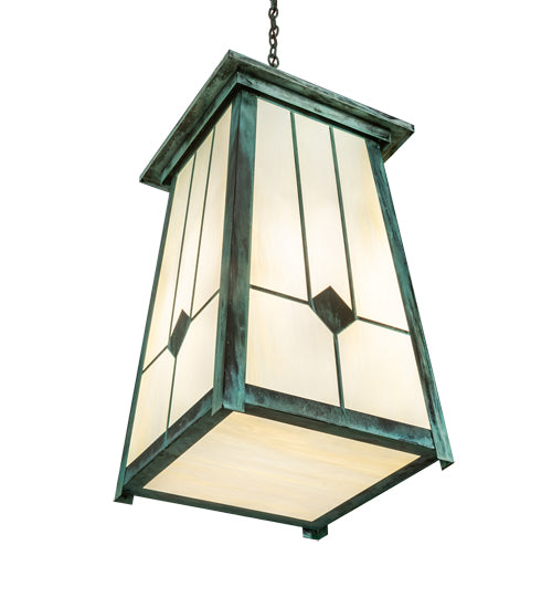 Meyda Lighting Porte Cochere 18"Sq 4-Light Verdigris Pendant Light With Beige Light Shade Glass