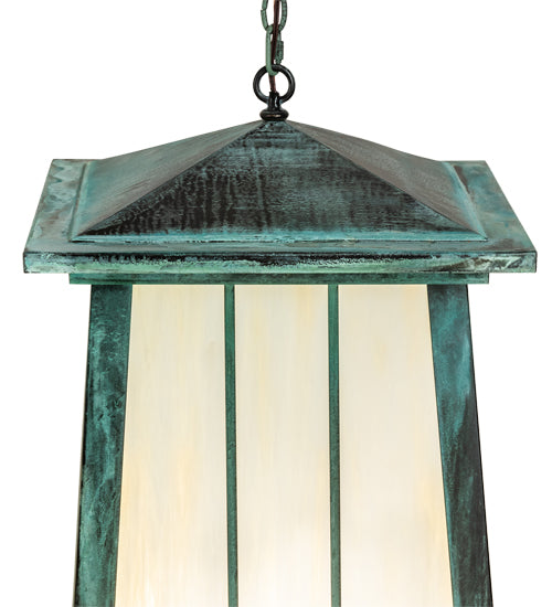 Meyda Lighting Porte Cochere 18"Sq 4-Light Verdigris Pendant Light With Beige Light Shade Glass