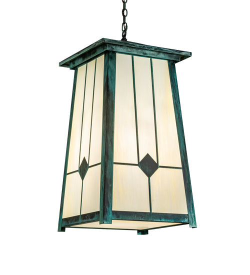 Meyda Lighting Porte Cochere 18"Sq 4-Light Verdigris Pendant Light With Beige Light Shade Glass