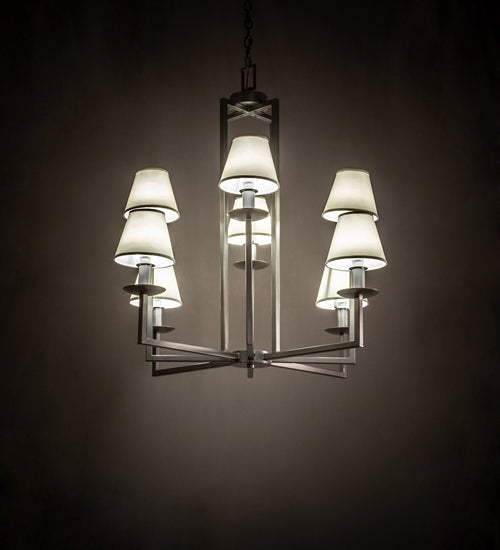 Meyda Lighting Porte Tournante 43" 8-Light Nickel Powder Coat Chandelier Light With White Linen Textrene Shade