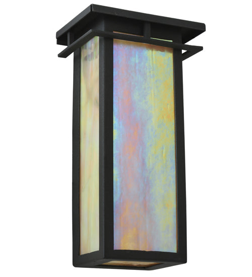 Meyda Lighting Portico 6" Textured Black Mission Wall Sconce With Beige Iridescent Shade Glass