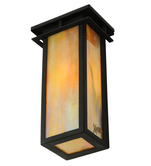 Meyda Lighting Portico 6" Textured Black Mission Wall Sconce With Beige Iridescent Shade Glass