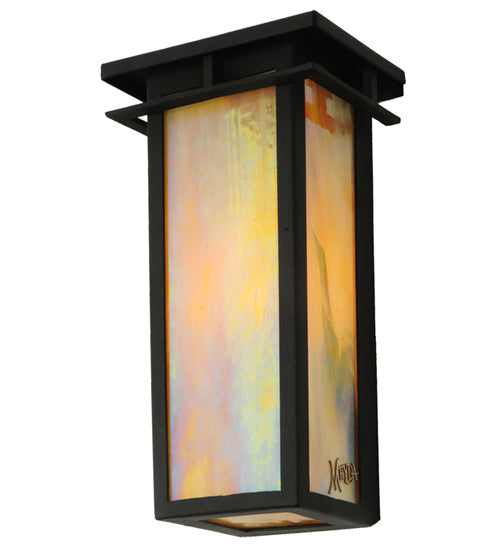 Meyda Lighting Portico 6" Textured Black Mission Wall Sconce With Beige Iridescent Shade Glass