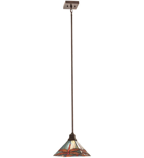 Meyda Lighting Prairie 14" Mahogany Bronze Dragonfly Pendant Light With Ruby & Blue Shade Glass