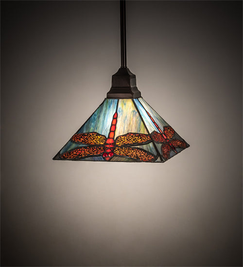 Meyda Lighting Prairie 14" Mahogany Bronze Dragonfly Pendant Light With Ruby & Blue Shade Glass