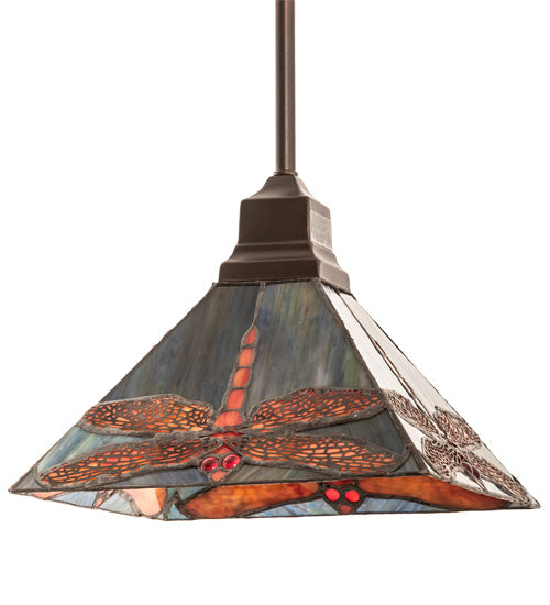 Meyda Lighting Prairie 14" Mahogany Bronze Dragonfly Pendant Light With Ruby & Blue Shade Glass