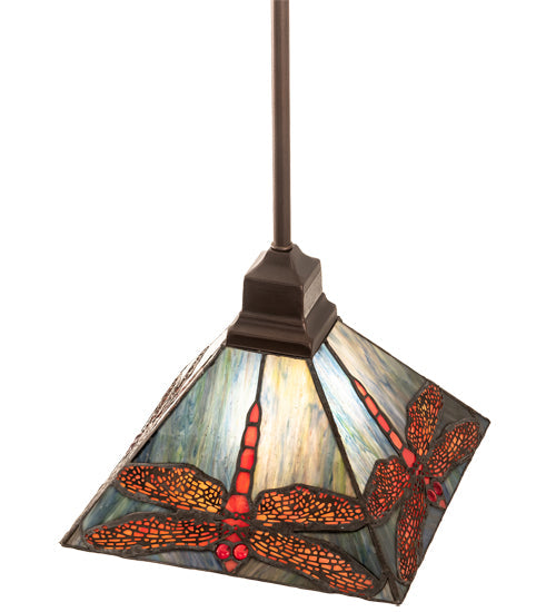 Meyda Lighting Prairie 14" Mahogany Bronze Dragonfly Pendant Light With Ruby & Blue Shade Glass