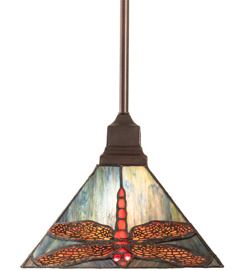 Meyda Lighting Prairie 14" Mahogany Bronze Dragonfly Pendant Light With Ruby & Blue Shade Glass