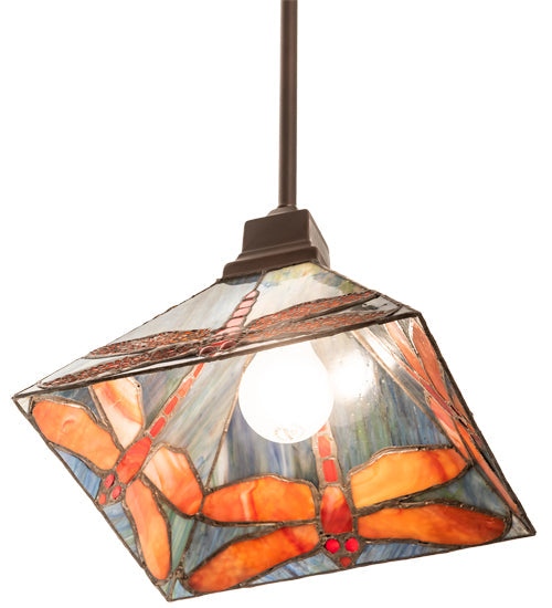 Meyda Lighting Prairie 14" Mahogany Bronze Dragonfly Pendant Light With Ruby & Blue Shade Glass