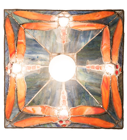 Meyda Lighting Prairie 14" Mahogany Bronze Dragonfly Pendant Light With Ruby & Blue Shade Glass