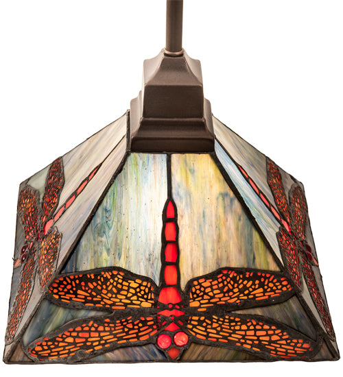 Meyda Lighting Prairie 14" Mahogany Bronze Dragonfly Pendant Light With Ruby & Blue Shade Glass