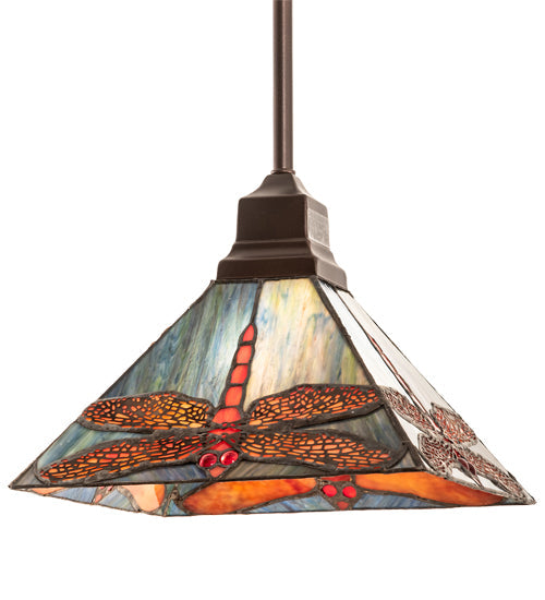 Meyda Lighting Prairie 14" Mahogany Bronze Dragonfly Pendant Light With Ruby & Blue Shade Glass