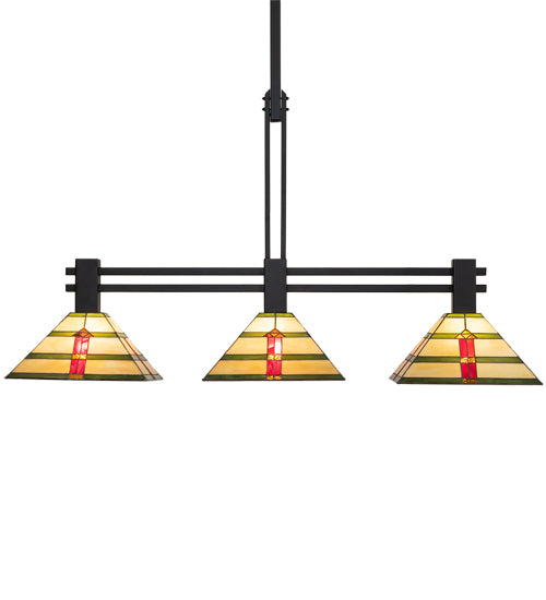 Meyda Lighting Prairie Arrowhead 48" 3-Light Flat Black Island Pendant Light With Multi-Colored Shade Glass